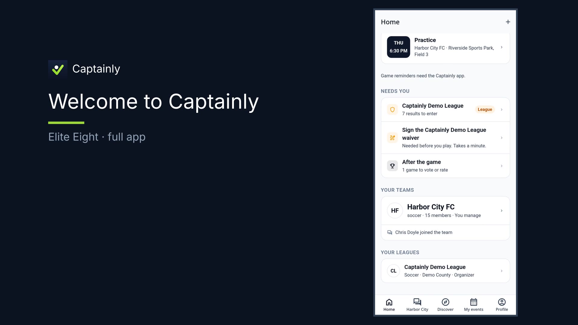 Captainly home screen showing next up and needs you