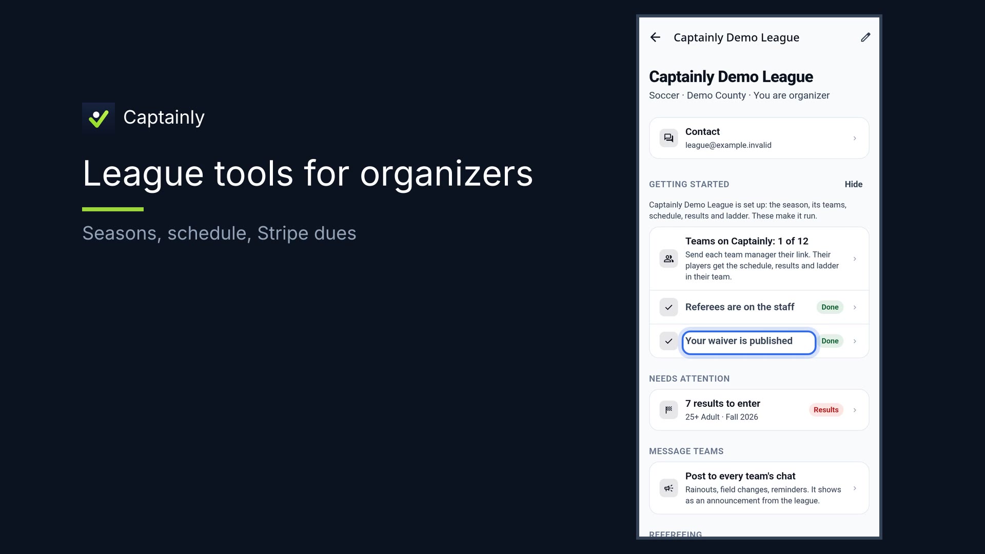 League tools for organizers